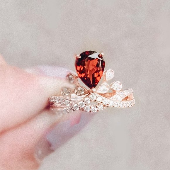 Rose Gold Vermeil Red Garnet Ring  Natural Gemstone Ring Victorian Delicate Ring - Picture 1 of 10
